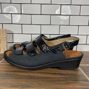 Finn Comfort Sylt Womens Size UK 9 Shoes Black Croc Print Leather Strappy Sandal